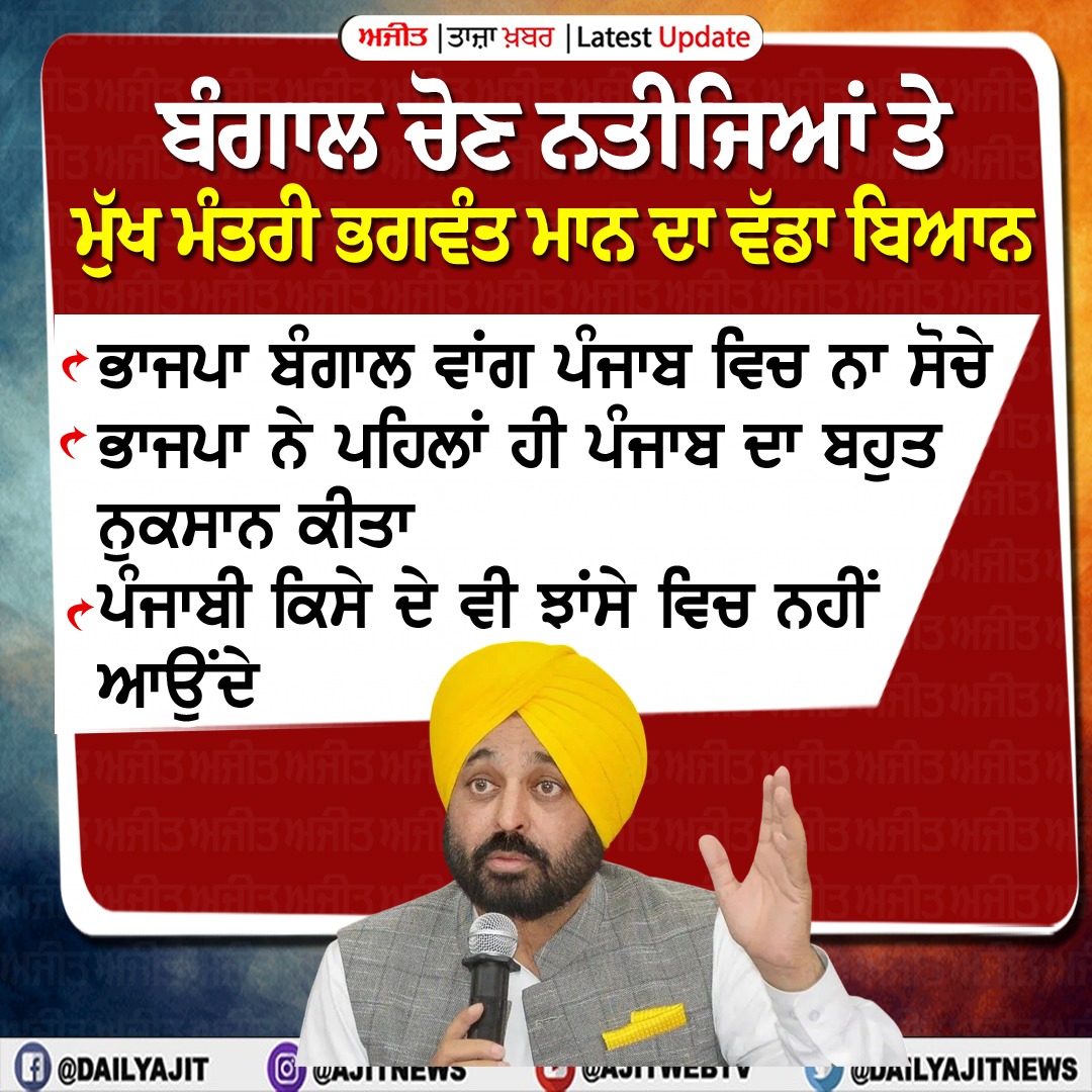 ਬੰਗਾਲ ਵਾਂਗ ਭਾਜਪਾ ਪੰਜਾਬ ਵਿੱਚ ਨਾ ਸੋਚੇ- ਮੁੱਖ ਮੰਤਰੀ ਭਗਵੰਤ ਮਾਨ