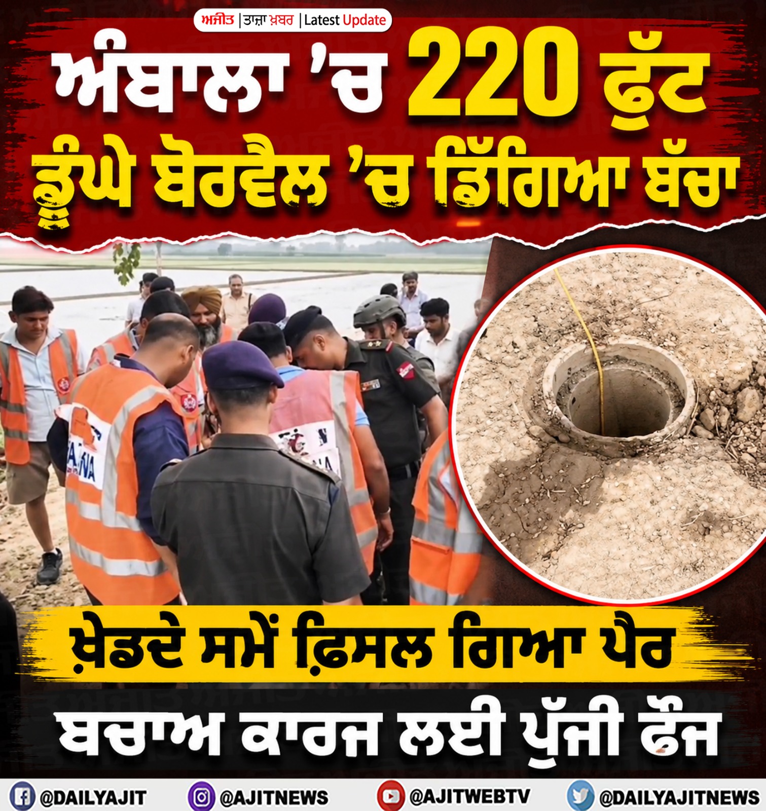 220 ਫੁੱਟ ਡੂੰਘੇ ਬੋਰਵੈੱਲ ਵਿਚ ਡਿੱਗਿਆ ਬੱਚਾ, ਬਚਾਅ ਕਾਰਜ ਸ਼ੁਰੂ