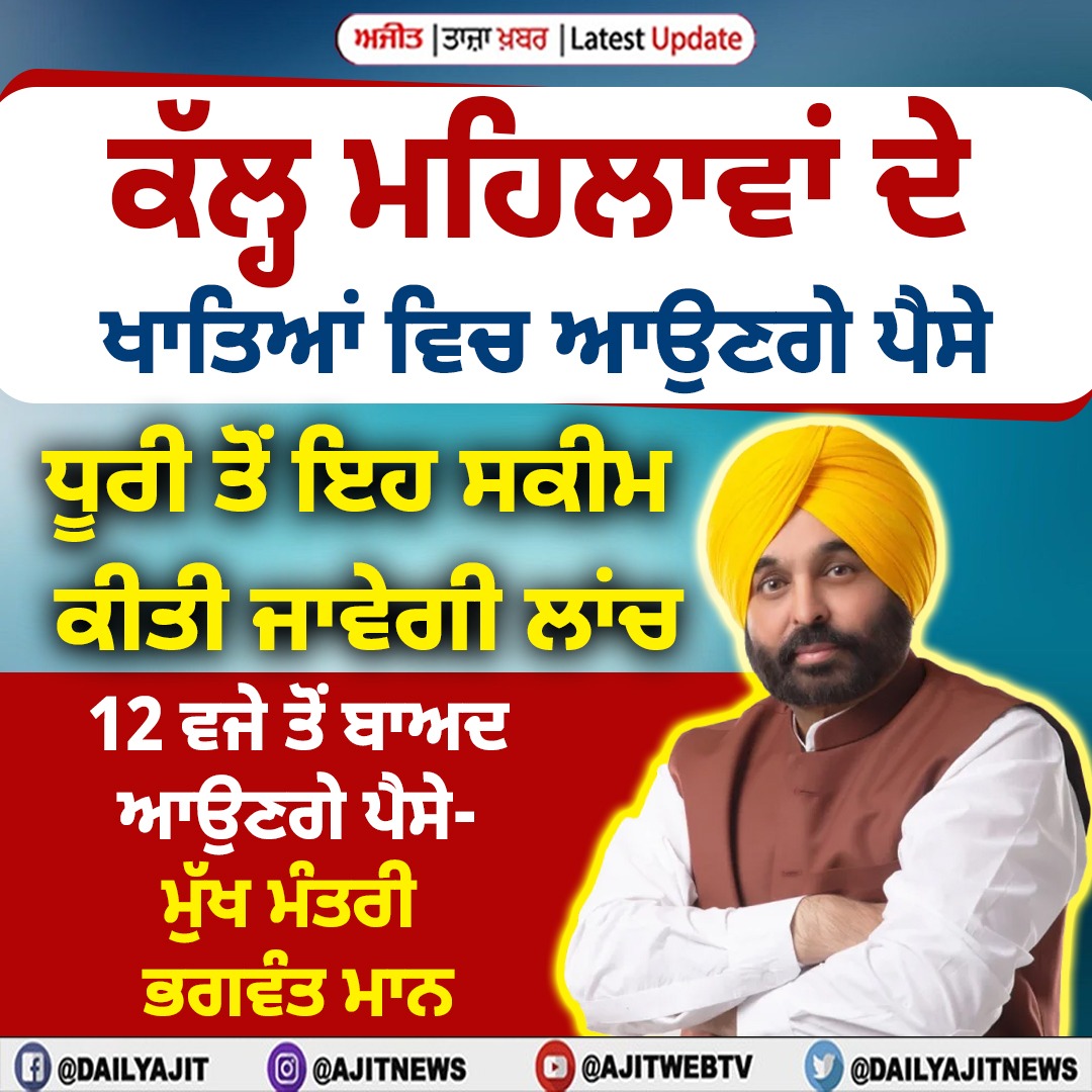 ਕੱਲ੍ਹ ਮਹਿਲਾਵਾਂ ਦੇ ਖਾਤਿਆਂ ਵਿਚ ਆਉਣਗੇ ਪੈਸੇ -ਮੁੱਖ ਮੰਤਰੀ ਭਗਵੰਤ ਮਾਨ