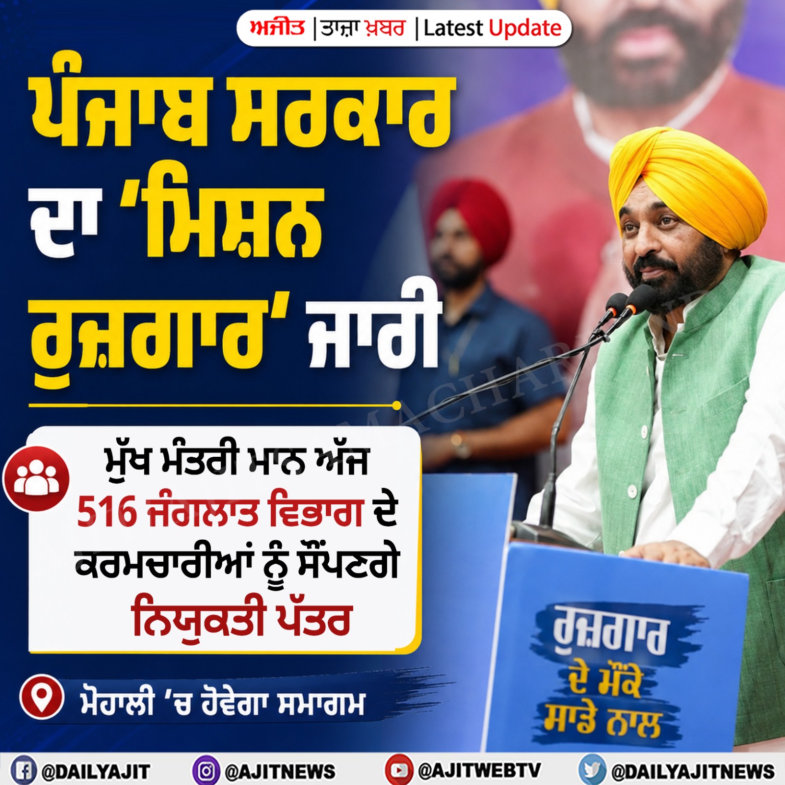 ਮੁੱਖ ਮੰਤਰੀ ਮਾਨ ਅੱਜ ਜੰਗਲਾਤ ਵਿਭਾਗ ’ਚ ਨਵ ਨਿਯੁਕਤ ਕਰਮਚਾਰੀਆਂ ਨੂੰ ਸੌਂਪਣਗੇ ਨਿਯੁਕਤੀ ਪੱਤਰ