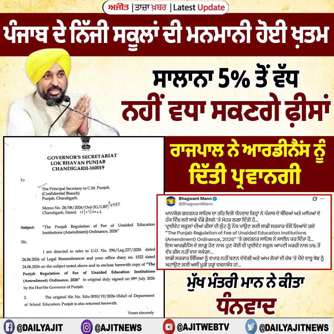 ਸਕੂਲ ਫੀਸ ਰੈਗੂਲੇਸ਼ਨ ਵਾਲੇ ਆਰਡੀਨੈਂਸ ਨੂੰ ਮਨਜ਼ੂਰੀ ਮਿਲਣ 'ਤੇ ਮੁੱਖ ਮੰਤਰੀ ਮਾਨ ਨੇ ਗਵਰਨਰ ਦਾ ਕੀਤਾ ਧੰਨਵਾਦ 