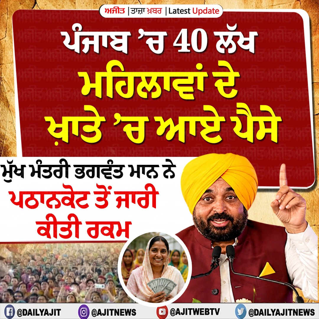 ਮੁੱਖ ਮੰਤਰੀ ਭਗਵੰਤ ਮਾਨ ਨੇ ‘ਮੁੱਖ ਮੰਤਰੀ ਮਾਵਾਂ ਧੀਆਂ ਸਤਿਕਾਰ ਯੋਜਨਾ’ ਤਹਿਤ ਪੈਸੇ ਕੀਤੇ ਟਰਾਂਸਫਰ