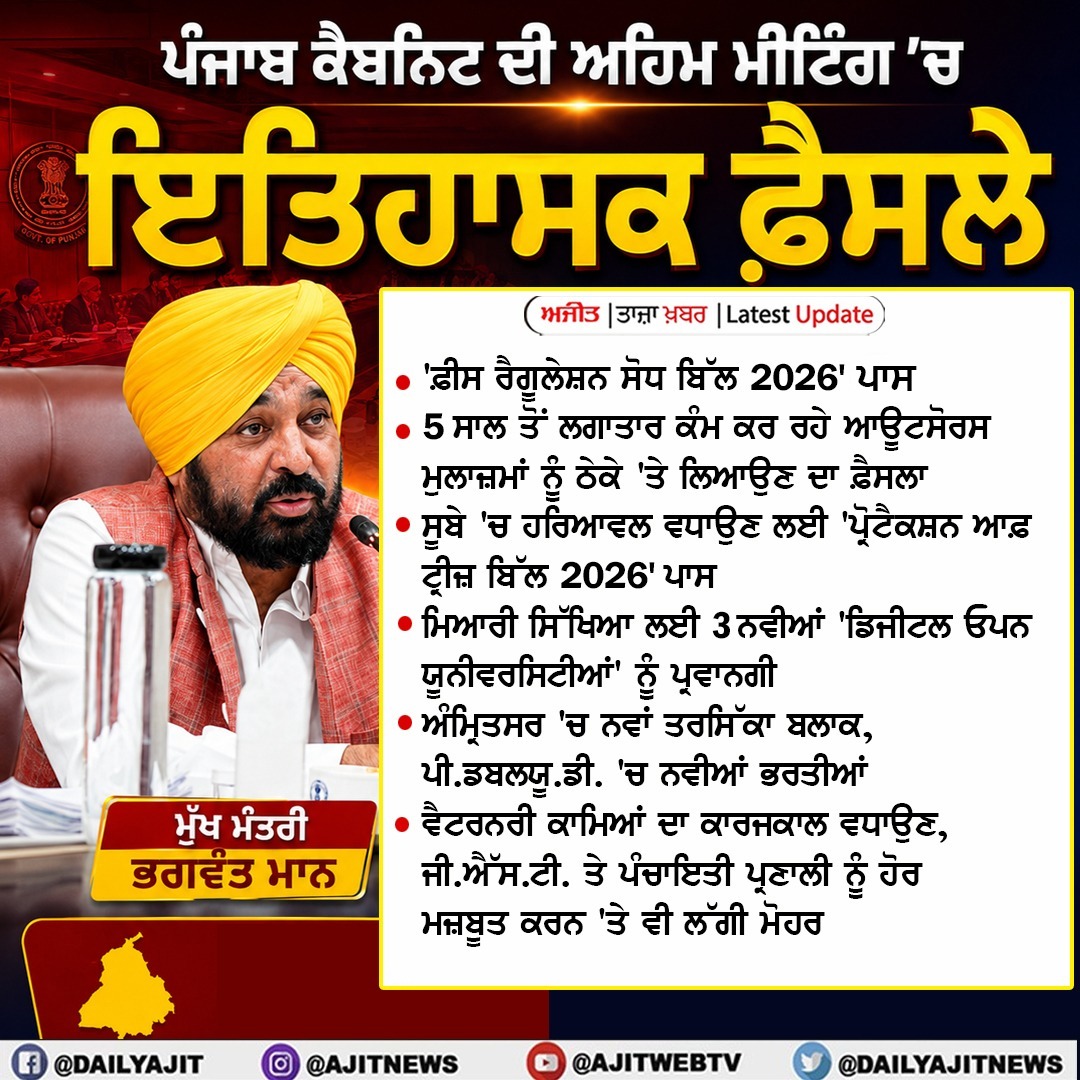 ਪੰਜਾਬ ਕੈਬਨਿਟ ਦੀ ਅਹਿਮ ਮੀਟਿੰਗ 'ਚ ਲਏ ਗਏ ਇਤਿਹਾਸਕ ਫ਼ੈਸਲੇ - ਮੁੱਖ ਮੰਤਰੀ ਭਗਵੰਤ ਮਾਨ