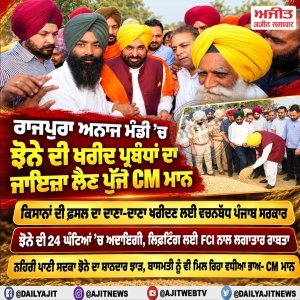ਮੁੱਖ ਮੰਤਰੀ ਮਾਨ ਨੇ ਰਾਜਪੁਰਾ ਦੀ ਅਨਾਜ ਮੰਡੀ ਦਾ ਦੌਰਾ ਕਰਕੇ ਝੋਨੇ ਦੀ ਖਰੀਦ ਪ੍ਰਬੰਧਾਂ ਦਾ ਲਿਆ ਜਾਇਜ਼ਾ